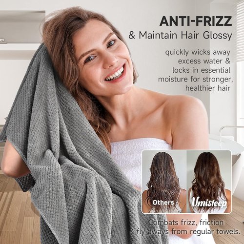 Umisleep Extra Large Microfiber Hair Towel - Super Soft Quick Dry Wrap for Long, Curly Hair - Grey
