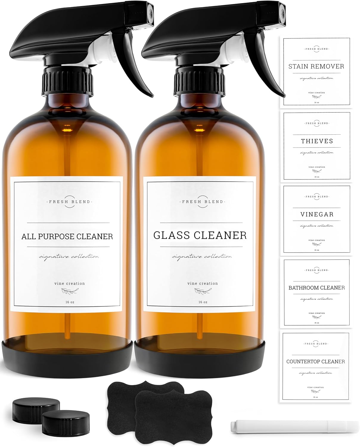 Vine Creations Amber Glass Spray Bottles - 16 oz Refillable Cleaning Bottles | 2 Pack with Waterproof Labels