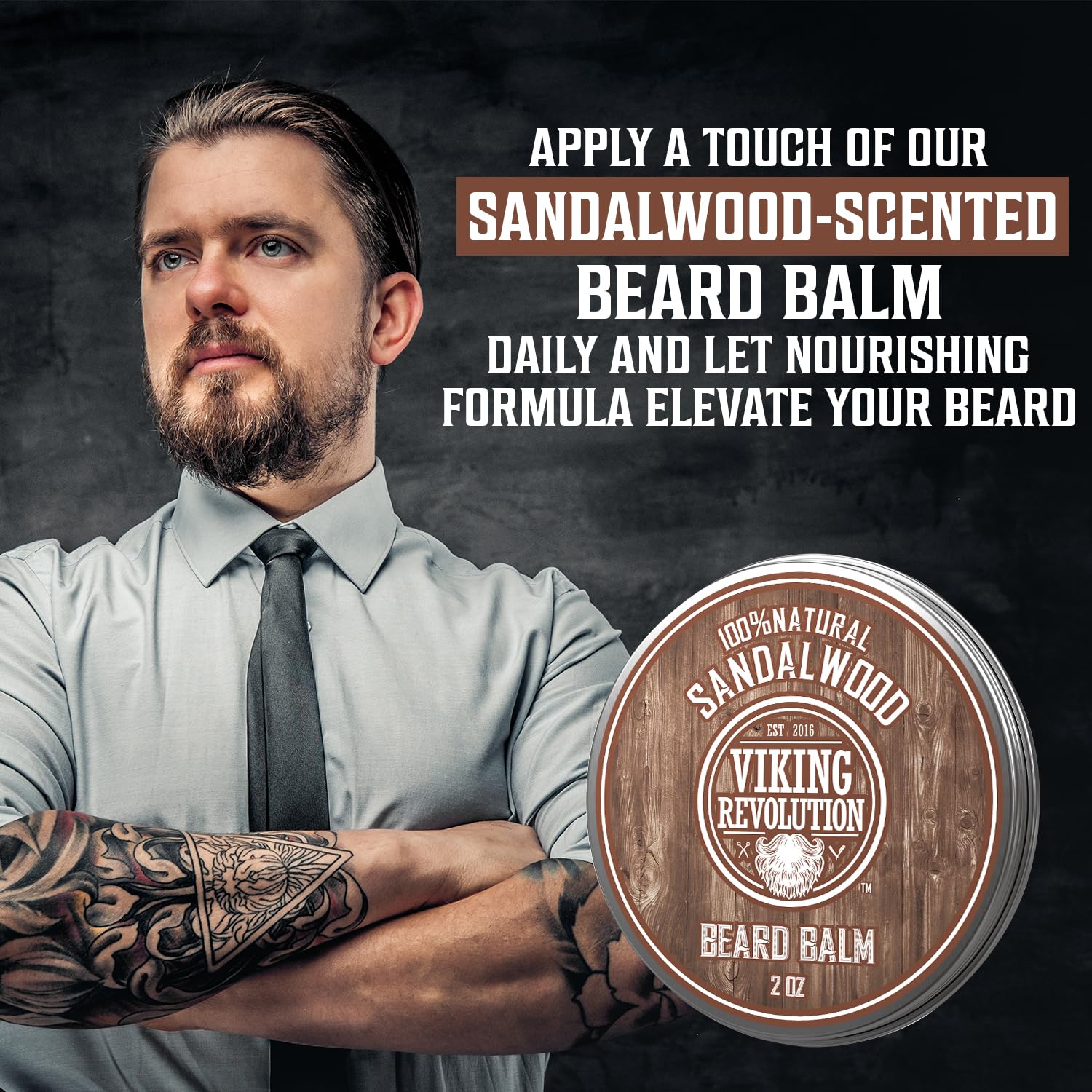 Viking Revolution Sandalwood Beard Balm - Beard Butter with Argan Oil, Beard Softener for Men with Jojoba Oil - Beard Moisturizer for Men with Beeswax - Beard Wax for Men (2oz, 1 Pack)