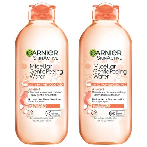 Garnier SkinActive Gentle Peeling Micellar Water - Exfoliating Facial Cleanser with 1% PHA & Glycolic Acid | 2 Pack