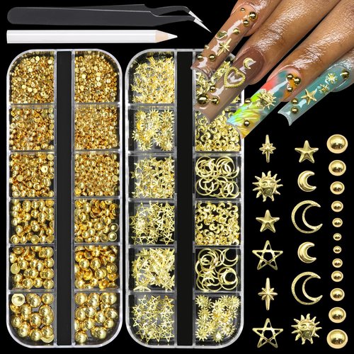 BELICEY 3D Nail Charms Mix Gold Star Moon Sun Charms for Nails Gold Flatback Nail Pearls Nail Charms Gems Pearls for Nails Jewelry for DIY Nail Art Supply Accessories Crafts with Tweezer Picker Pen
