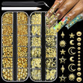 BELICEY 3D Nail Charms Mix Gold Star Moon Sun Charms for Nails Gold Flatback Nail Pearls Nail Charms Gems Pearls for Nails Jewelry for DIY Nail Art Supply Accessories Crafts with Tweezer Picker Pen