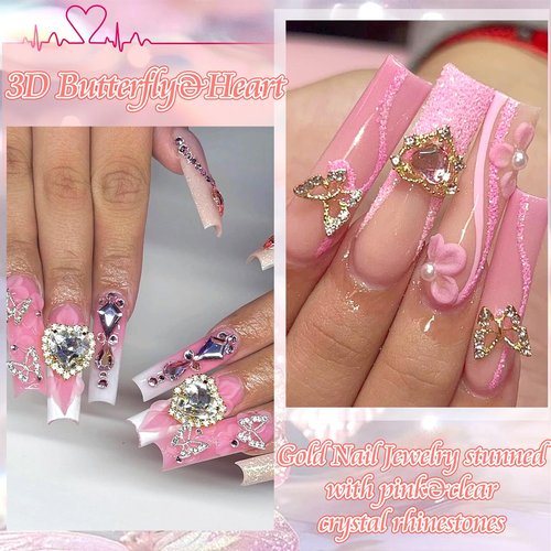 RODAKY 124PCS Gold Nail Charms 3D Butterfly Nail Gems Pink Crystal Heart Nail Art Jewelry Bow Charms for Acrylic Nails Glitter Cute Nail Decoration Metal Rose Cross Charms for Manicure Design