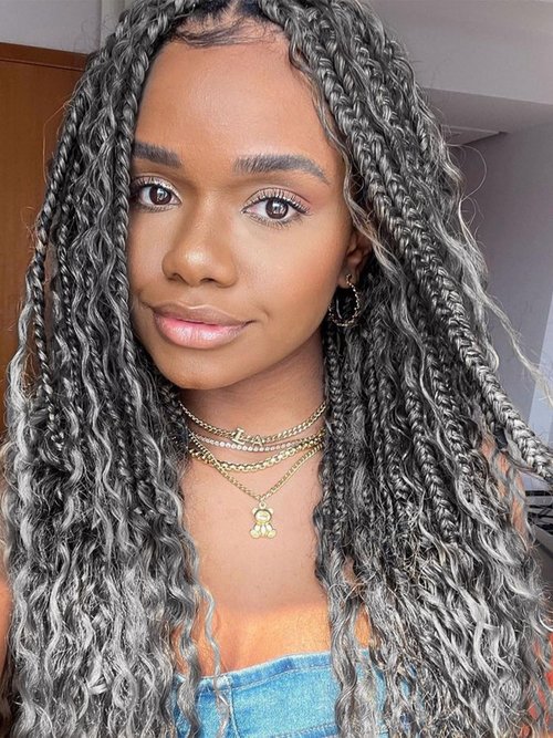 7 Packs Grey Crochet Box Braids Curly Ends 14 Inch Goddess Box Braids Crochet Hair 3X Bohemian Hippie Crochet Braids for Woman, 1B/Gray Braiding Hair Extensions