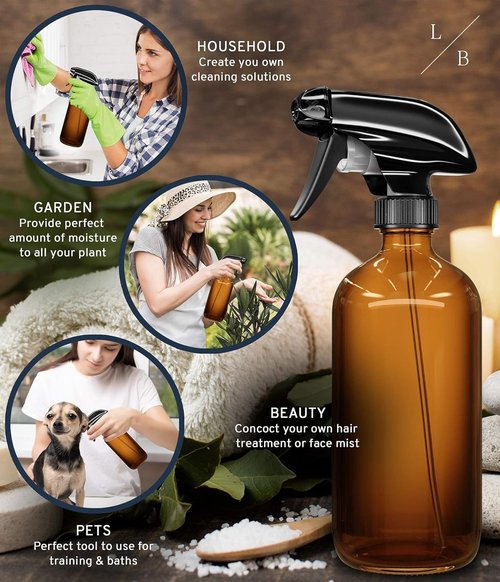 LiBa Amber Glass Spray Bottles - 16 oz Refillable Spray Bottles for Cleaning & Essential Oils | Adjustable Nozzle