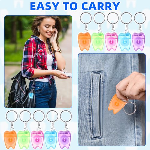 Landical 50 Pcs Mini Dental Floss Keychain Bulk Tooth Shaped Portable Floss Cleaning for Travel Homeless Donated Gifts Teeth Cleaning Oral Care 15 M /16.4 Yard (Multicolor)
