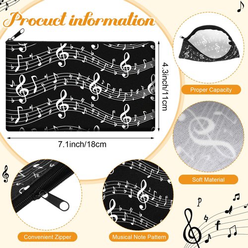 Sweetude 10 Pack Music Teacher Makeup Bag, Music Note Cosmetic Bag Teacher Appreciation Gift for Women Piano Travel Zipper Pouch Graduation Mother's Day Birthday Thank You Gifts(Black,Notes)
