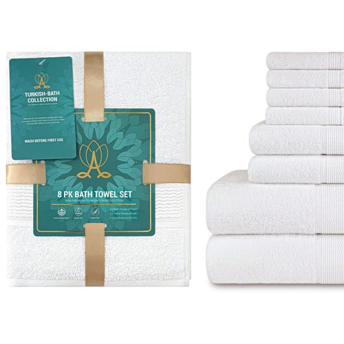 DecorRack 8 Piece Towel Set, Cotton, Highly Absorbent, Super Soft, Quick Dry, 4 Washcloths (13"x13"), 2 Bath Towels (27"x54"), and 2 Hand Towels (16"x28"), White (Set of 8)