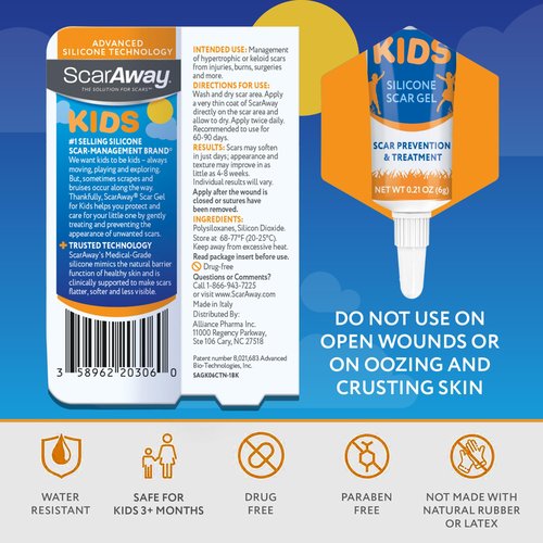 ScarAway Kids Silicone Scar Gel, 100% Medical-Grade, Helps Improve Size, Color & Texture of Hypertrophic & Keloid Scars on Face & Body from Injury, Burns & Surgery, Water Resistant, Clear, 6g