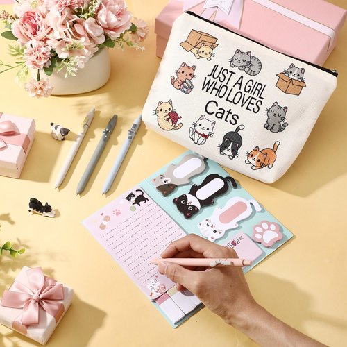 MotiMind 6 Pcs Cute Cat Stationery Set Pens Sticky Notes Makeup Bag Pencil Pouch for Girls Women Cat Lovers Christmas Gifts School Office Supplies