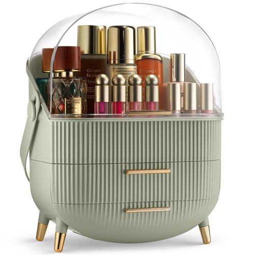 Covered Makeup Cosmetic Countertop - Large Cosmetic Organizer - Trendy Oval Shape Storage for Skin Care Organizer - Clear Lid, Storage Drawers, Carry Handle - Cute Stylish Decor Solution (Green)
