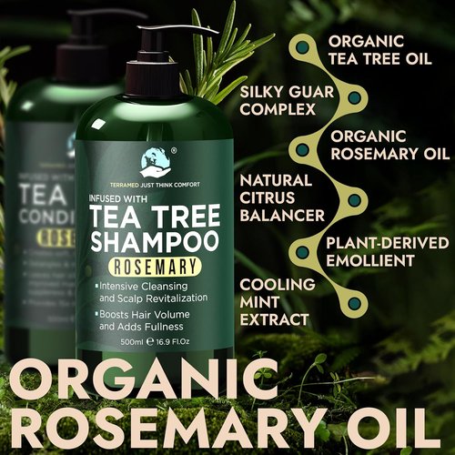 Rosemary Shampoo and Conditioner Set - Tea Tree & Rosemary Oils for Scalp Relief | Sulfate-Free, Boosts Shine + Free Scalp Brush | 16.9 fl oz