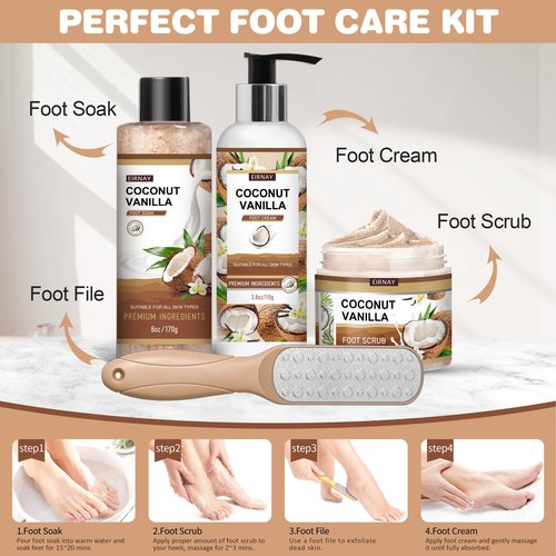 EIRNAY Coconut & Vanilla Foot Soak Set - Salts, Foot File, Scrub & Urea Cream Pedicure Supplies for Dry, Cracked Feet - Foot Spa Pedicure Kit for Women Men