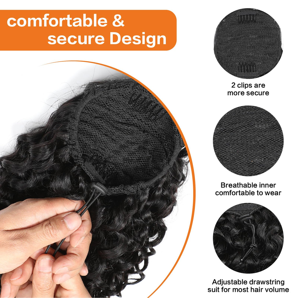 Yacurcur Water Wave Drawstring Ponytail Brazilian Remy Human Hair Ponytail Extensions for Black Women Ponytail Extension Human Hair Pieces Natural Black 16 Inch