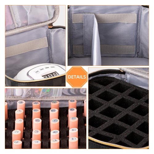 KGMCARE Portable Nail Polish Organizer Bag with UV Light Case - Holds 30 Bottles and 1 UV Nail Lamp, Double-Layers Nail Dryer Case for Gel Nail Polish Kit, Nail Art Decorations（Checkered Black）