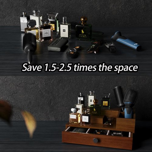 UUyuality Pine Wood Cologne Stand Organizer for Men, 3 Tier Cologne Display Shelf Organizer with Hidden Compartment and Velvet Lining Drawer, Perfume Display Holder (Brown, 01)
