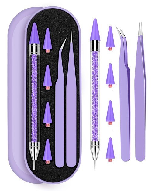 Rhinestone Picker Tool Set,Rhinestone Applicator Tool,Rhinestone Picker Dotting With 4 Extra Purple Replaceable Wax Head and 2 Tweezer (Purple)