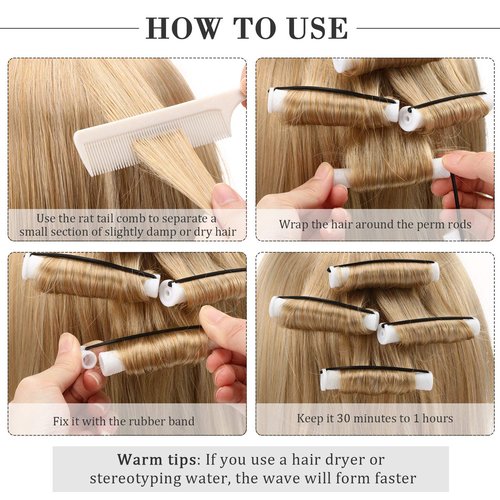 Skiennix 48 Plastic Hair Perming Rods - Curlers with Steel Pintail Comb | White, 0.63 Inch (1.6 cm)