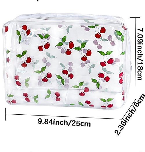 TotePrint 2PCS Red Cherry Transparent PVC Cosmetic Bag, 9.84x7.09x2.36inch Portable Waterproof Storage Bag for Girls' Cosmetics and Toiletries. (Cherry printing L-2pcs)