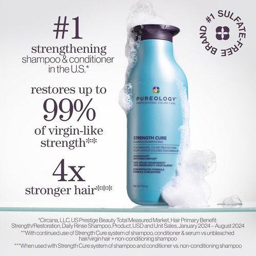 Pureology Strength Cure Shampoo - Strengthens Damaged Hair, Prevents Breakage & Seals Split Ends | Vegan & Sulfate-Free