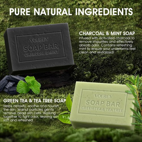 Underarm Detox Soap, 2 Pcs Armpit Detox Soap with Green Tea & Tea Tree, Charcoal & Mint for Eliminating Odor, Exfoliating, Moisturizing , Bar Soap for Legs, Knee, Feet, Hands Whole Body - 10 oz（280g）