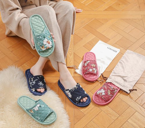 3 Pairs Floral Cotton House Slippers for Women, Open Toe Indoor Slippers Comfortable Washable Portable Foldable Guest Travel Hotel Airplane Spa Slippers (Solid Color Flower, 7-8.5, Adult, Women, 7, Numeric Range, US Footwear Size System, 8.5, Medium)