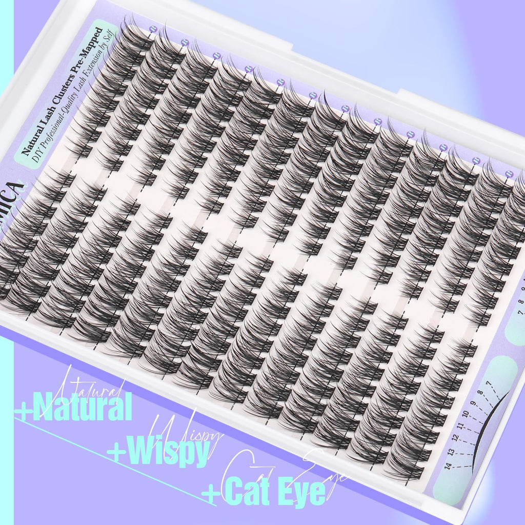 Yawamica Natural Lash Clusters Short Cat Eye Lash Extension 7-14mm Wispy Eyelash Clusters C Curly Individual Lashes Pre-mapped Left Right Cluster Eyelash Extensions DIY Lash Natural Look