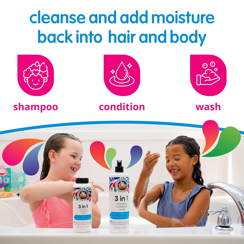 SoCozy 3-in-1 Kids Shampoo, Conditioner & Body Wash - Gentle Hydrating Cleanser with Keratin & Kiwi Extract (16 Fl Oz)
