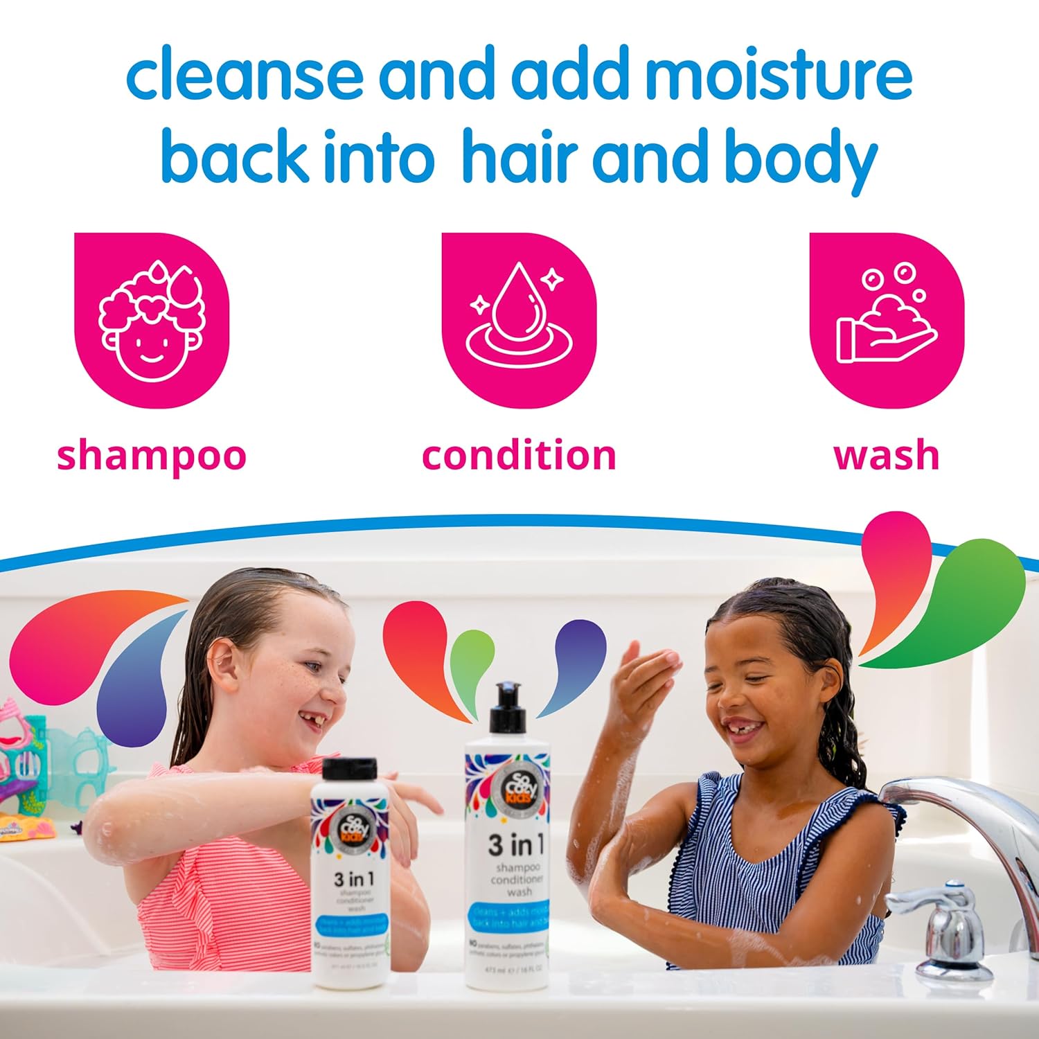 SoCozy 3-in-1 Kids Shampoo, Conditioner & Body Wash - Gentle Hydrating Cleanser with Keratin & Kiwi Extract (16 Fl Oz)