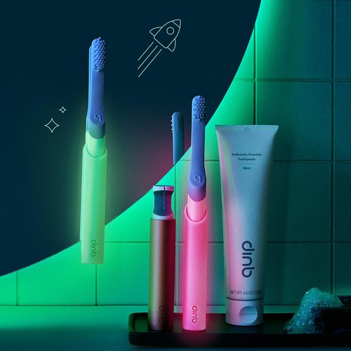 Quip Sonic Toothbrush for Kids with Timer - Includes Extra Brush Head and Travel Cover Mount - Electric, Soft Bristle Refill Head, Plastic Handle, 3 Month Battery Life, Glow in The Dark Green