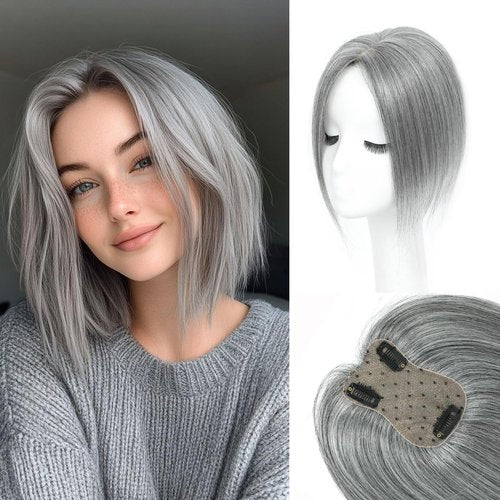 Hair Toppers for Women Real Human Hair， 360° 3D Cover Hair Topper Clip in Bangs 10 Inch Realistic Scalp Pieces for Women with Thinning Crown (Gray, Side Bangs)