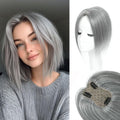 Hair Toppers for Women Real Human Hair， 360° 3D Cover Hair Topper Clip in Bangs 10 Inch Realistic Scalp Pieces for Women with Thinning Crown (Gray, Side Bangs)