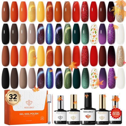 modelones 32 PCS Fall Gel Nail Polish Kit, 28 Colors Cat Eye Glitter Brown Red Orange Gel Polish with Base Coat, Glitter & Glossy & Matte Top Coat Soak Off LED Nail Art Kit Salon at Home