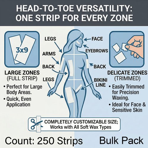 Appearus 250-Count Large 3x9 Non-Woven Waxing Strips - 90 gsm Heavy Duty Hair Removal Strips for Body and Face - Professional Epilating Strips for All Soft Wax - Lint-Free, Tear-Resistant Spa Grade