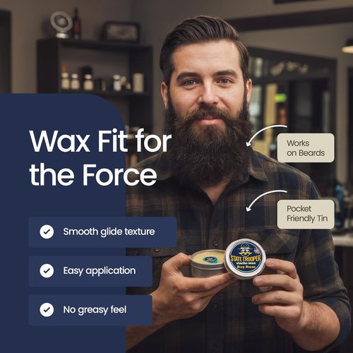 State Trooper Mustache Wax for Men – Medium Hold with Beeswax, Coconut Oil & Lanolin – Natural Moustache Grooming & Styling Wax with Bay Rum Scent - Nourishing Conditioner & Sculpting - Two Ounce Tin