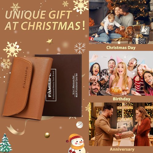 FAMILIFE Gifts for Men, Manicure Set Clippers Manicure Kit Nail Clipper Sets 16pcs Mens Grooming Kits Professional Stainless Steel Nail Kit Brown Leather Case Travel Kits
