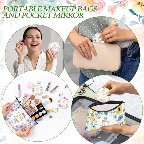 Geelin 24 Pcs Christian Gifts Bulk for Women 12 Floral Religious Canvas Makeup Bags 12 Bible Verse Compact Mirrors Inspirational Church Party Gifts for Women Mother Sister