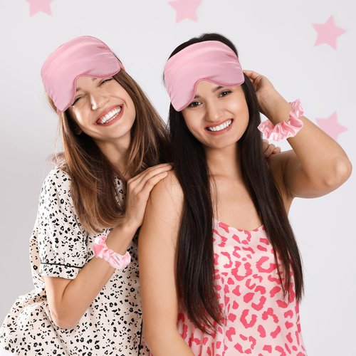 Papiailove 12 Pcs Sleepover Party Supplies for Girls, Includes 4 Pink Plush Eye Masks, 4 Hair Bands and 4 Double-Sided Printed Makeup Bags Slumber Party Supplies Spa Birthday Party Favors