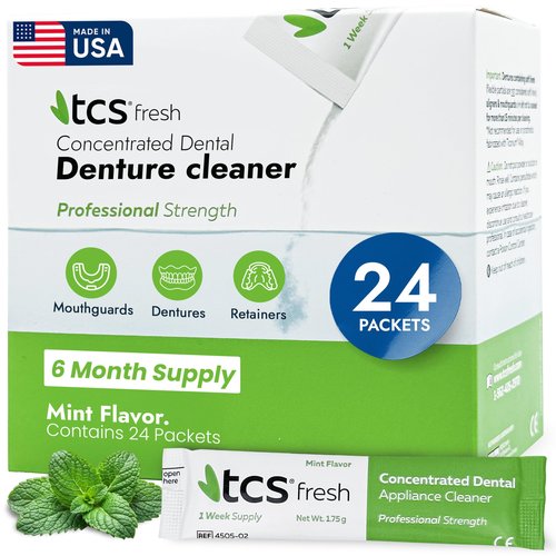 TCS Fresh Denture Cleaner – Professional Strength Concentrated Cleanser Mint Powder for Dental Cleaning – For Dentures, Night Guards, Aligners & Retainer Cleaner – 24 Packets (6 Month Supply)