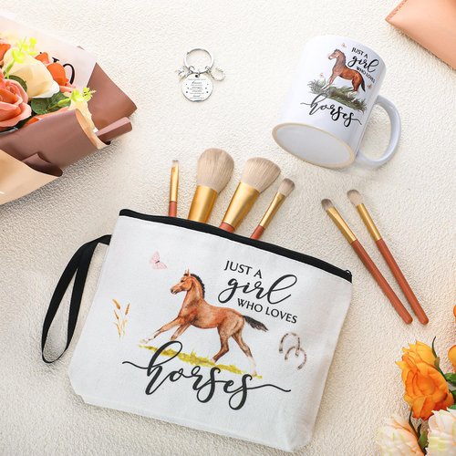 Crtiin 3 Pcs Horse Gifts for Women International Women's Day 11 oz Coffee Mug Travel Cosmetic Bags Makeup Zipper Pouch Inspirational Keychain Thank You Gifts for Mother's Day Birthday Coworkers