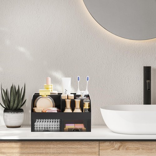 Makeup Organizer with 2 Drawers, Cosmetic Storage for Dresser Vanity and Bathroom Countertop,Make up organization and Skincare Storage with Beauty Brush Holder, Cosmetic Display Case (Black)