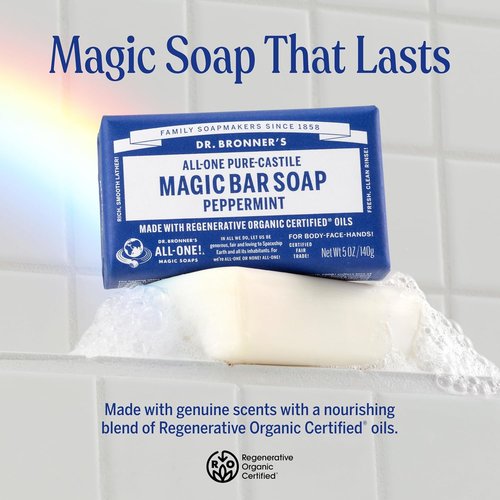 Dr. Bronner's Pure-Castile Soap Bars - Peppermint Scent, 5 oz, 6-Pack | Gentle Vegan Formula for Face, Body & Hair