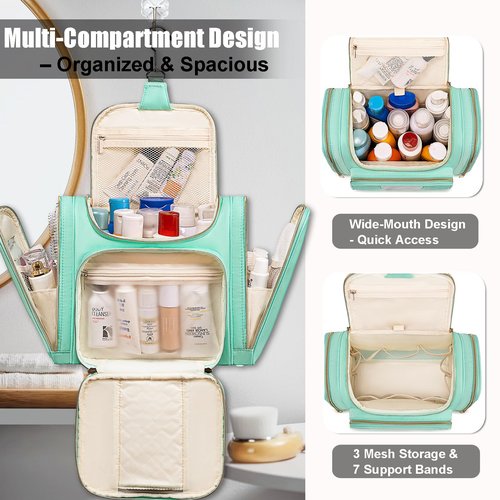 Romenrita Travel Toiletry Bag for Women, Hanging Toiletry Bag, Bathroom Bag Portable Shower Caddy for College Dorm Travel Shower Bag for Women Water-Resistant Cosmetic Makeup Bag (Green)