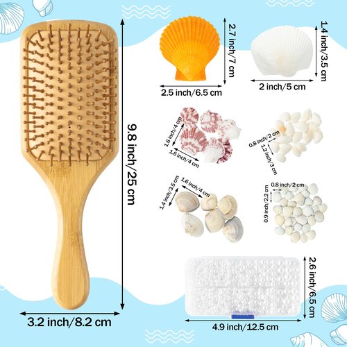 PANTIDE DIY Bamboo Hairbrush Craft Kit - 6 Set Hair Brush with Pearls Shells Brush Paint Decorate Craft Supplies, Make Your Own Mermaid Massage Hairbrush Birthday Party Gift for Women Girls