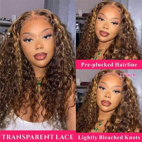 Labamiya Highlight Deep Wave Human Hair Wig 4x1 T Closure Glueless Wigs Human Hair Pre Plucked Pre Cut Lace Closure Glueless Wigs Elastic Band 200% Density P4/30 Honey Blonde Color