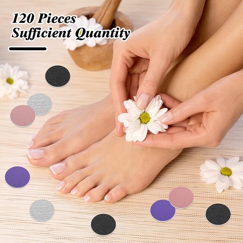 BELICOO 120 Pcs Sanding Paper Disc w/ 2 Metal Bit, 80/120/180/240 Grit Round Pedicure Replacement Sanding Discs for Electric Nail File Bits, Foot File Sandpaper Discs for Dead Skin Foot Callus Remover