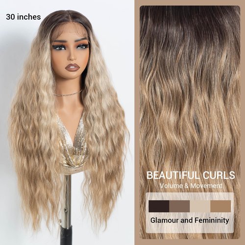 NOBLE Long Wavy Lace Front Wig Highlight Ash Blonde 30 Inch Middle Part Synthetic Lace Front Wig Heat Resistant Fiber Wigs for Daily Party Use