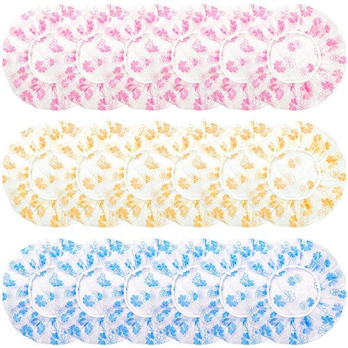 18Pcs Plastic Shower Caps for Women Waterproof Bath Caps Bathing Hair Cap Reusable Shower Caps for Shower,Spa,Salon,Housework,Girls,Home,Travel (Yellow+Red+Blue-Flower)