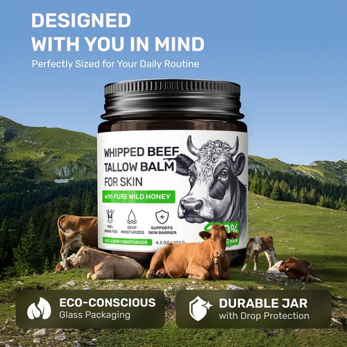 Beef Tallow for Skin – Grass Fed Face Moisturizer & Whipped Body Balm - Honey & Beeswax – Vitamin A, D, E, K Rich Cream – Fragrance Free & Non-Comedogenic Dry Sensetive Skincare