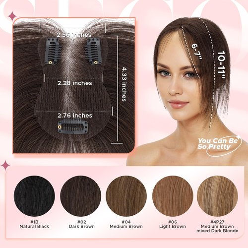 SEGOHAIR Hair Toppers for Women Real Human Hair with Bangs 360°Cover 3D Clips 2.76"x4.33" Breathable Lace Base 11 Inches Lightweight Hairpieces Curtain Bangs Dark Brown